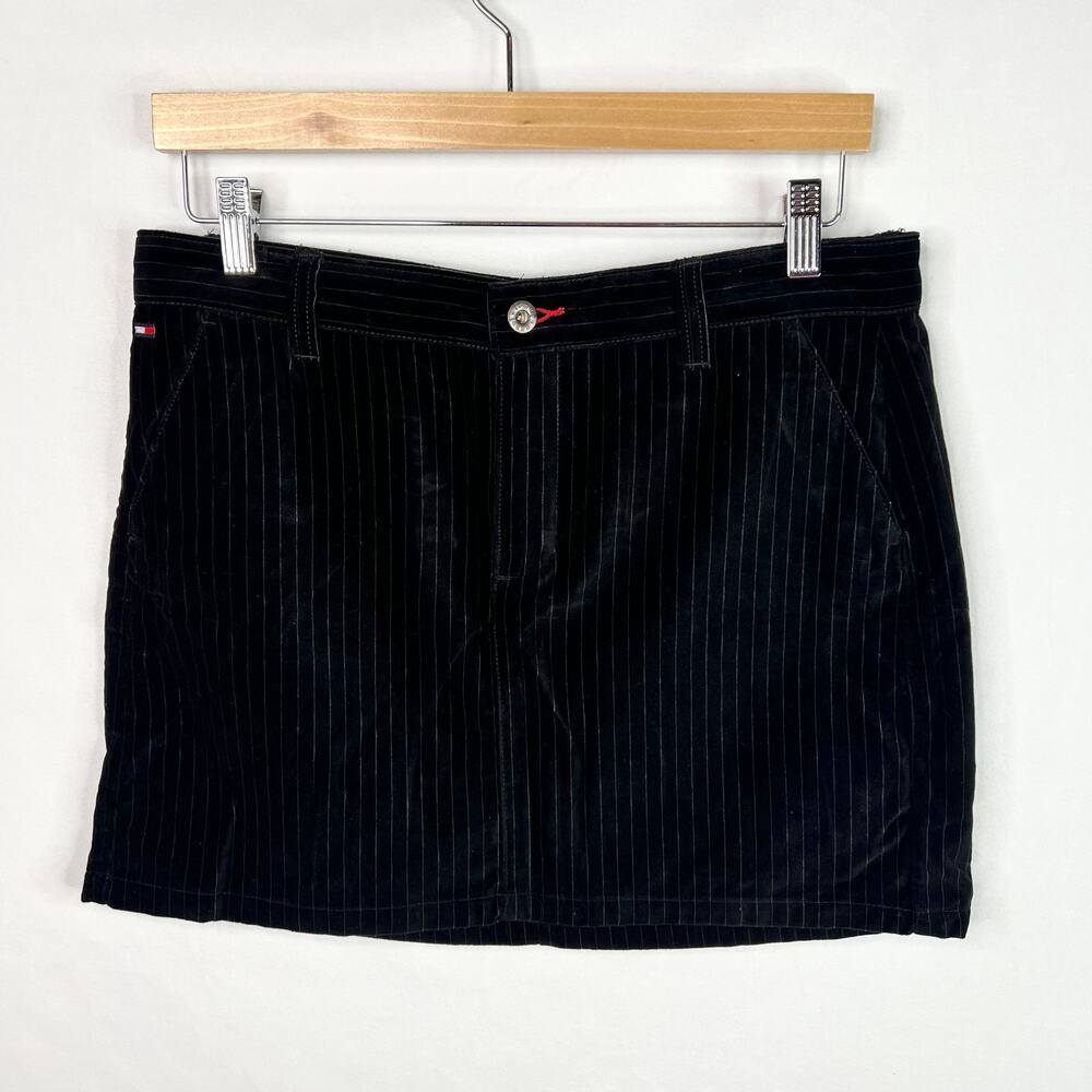 Y2K Tommy Hilfiger Black Velvet Pinstripe Mini Skirt Size 9